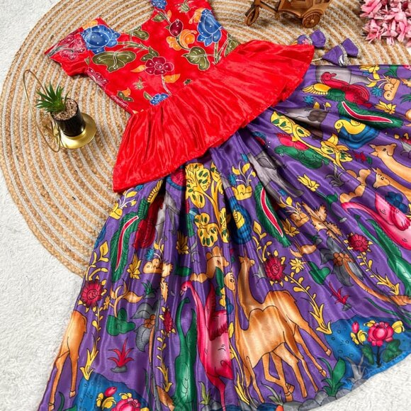 Kalma Kari Printed & Embroidered Girl's Lehenga - Picture 4 of 7